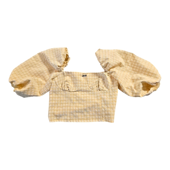 Nasty Gal Tan Plaid‎ Puff Sleeve Crop Top Size 0 - Picture 1 of 5